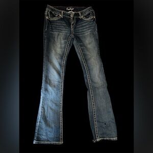 Amethyst Jennifer Bootcut Jeans Y2K Thick Stitch Flap Pocket Dark Wash Size 7